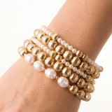 Ribbed Gold Bead and Pearl Stretch Bracelet Set