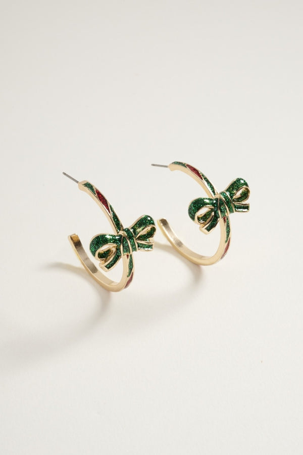 Green Glitter Candy Cane Pattern Ribbon Bow Hoop Earring