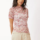 Floral Print Mesh Layering Top Short Sleeve