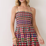 Autumn Rainbow Smocked Bodice Plaid Tiered Maxi Dress