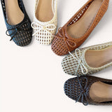 Woven Lattice Ballet Flats with Ribbon Bow Deta