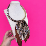 Scarf and Gold Bead Necklace - Brown with Orange Paisley