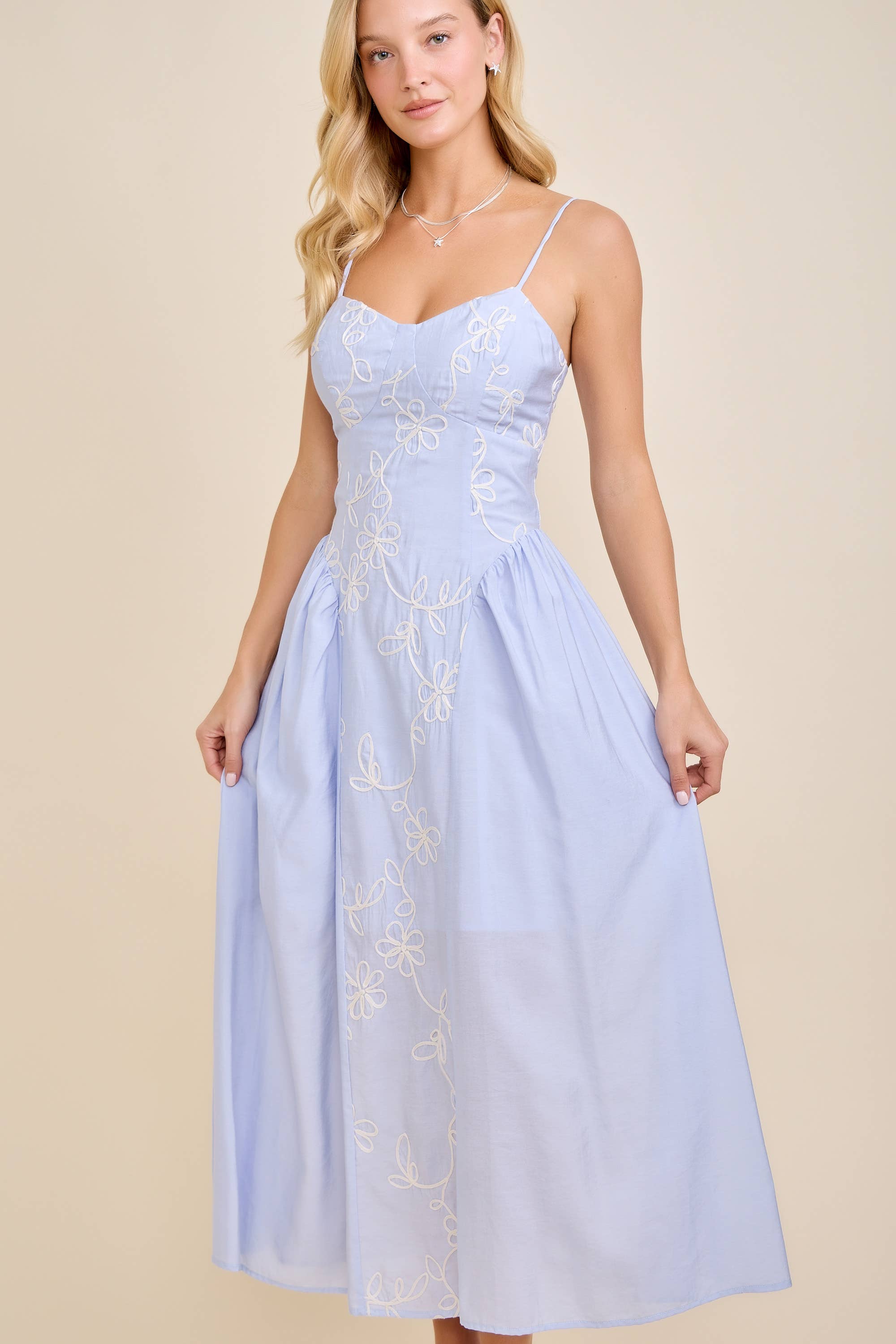I Chose You Embroidered Floral Strap Midi Dress