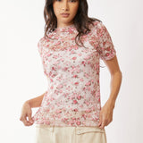 Floral Print Mesh Layering Top Short Sleeve