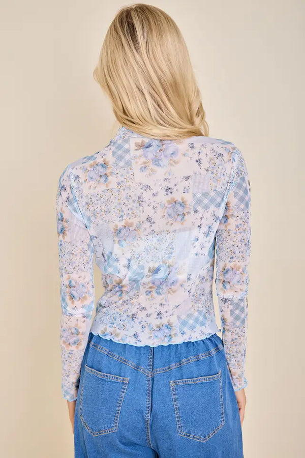Patchwork Floral Mock Neck Top
