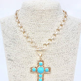 Gold Circle Chain with 1.75" Cross with Turqouise Accents 18" Necklace
