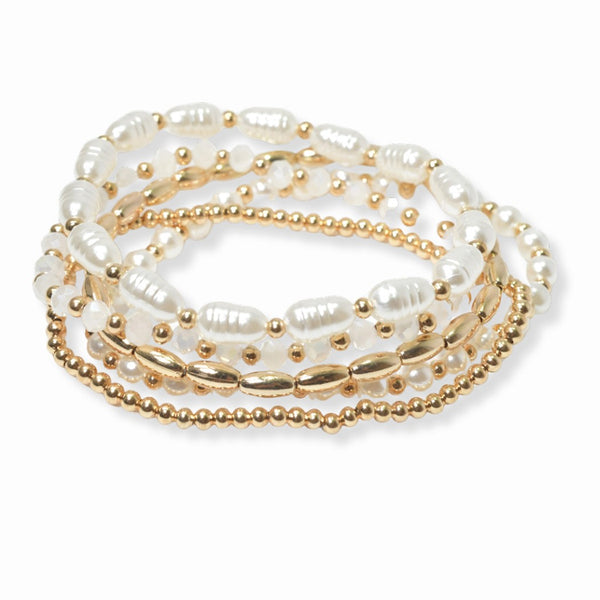 Freshwater Pearl Multi Layered Beaded Stretch Bracelet Stack