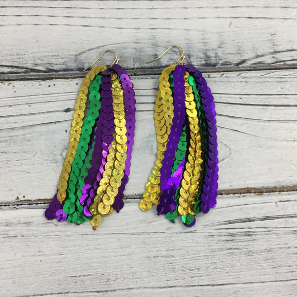 Mardi Gras Sequin Tassel Dangle Earrings