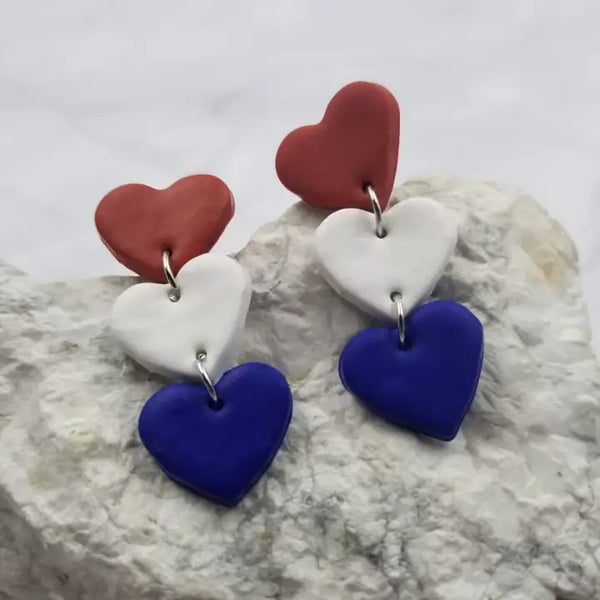 Clay Patriotic Heart Dangle Earrings