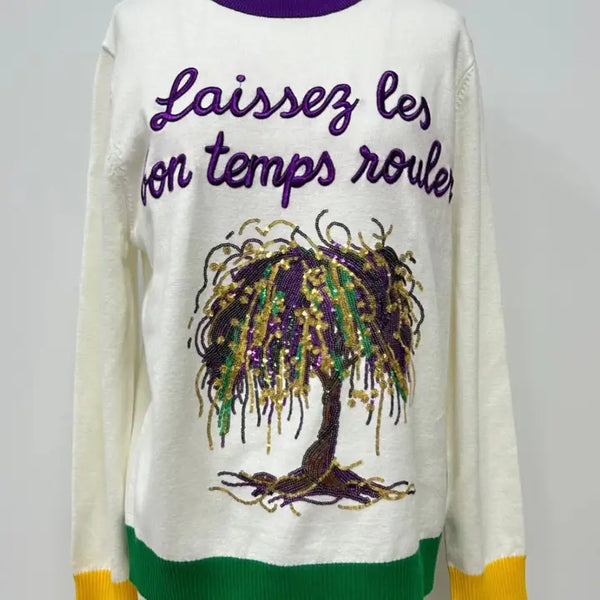 Mardi Gras Bead Tree Sequin Embroidery Sweater