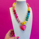 Bauble Beaded Heart Necklace - Hot Pink
