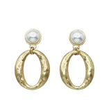 Pearl Stud with Hammered Gold 2" Oval Earring