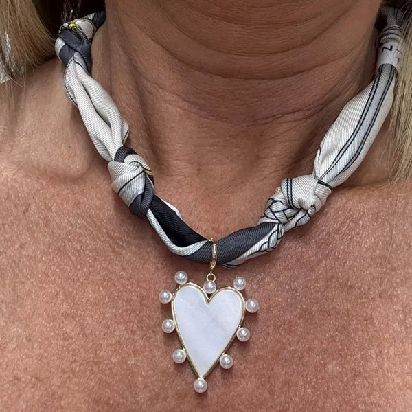 Grey and White Knotted Scarf with Pearlized Heart Removable Charm Necklace