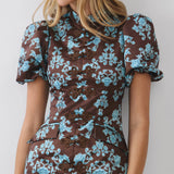Damask Print Mandarin Collar Mini Dress
