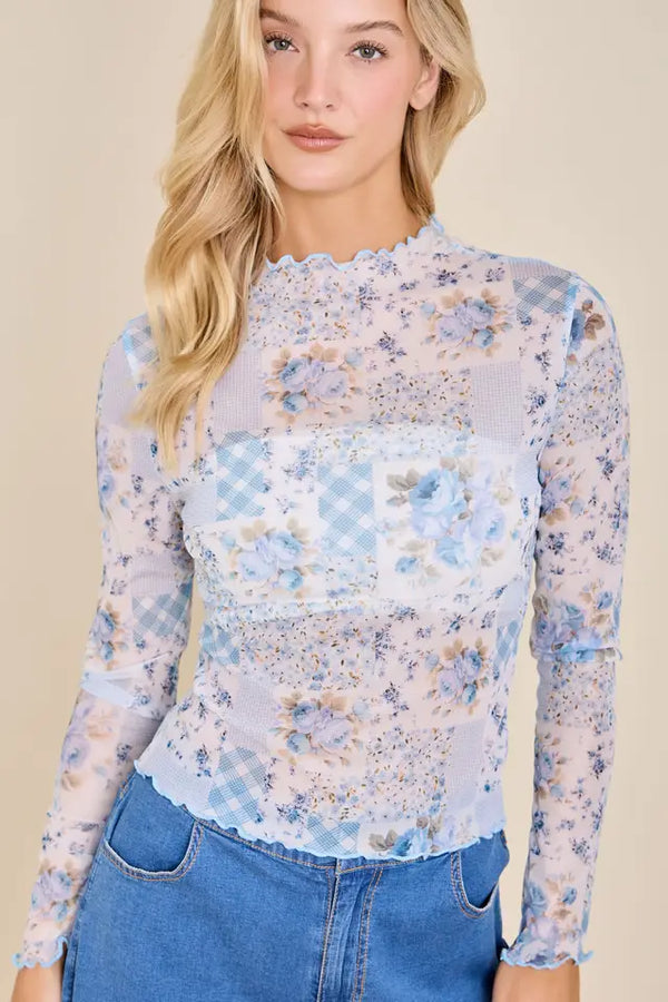 Patchwork Floral Mock Neck Top