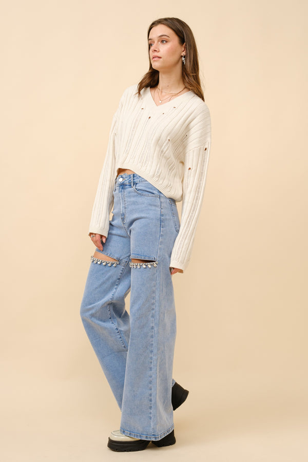 Crystal Slit Denim Jeans