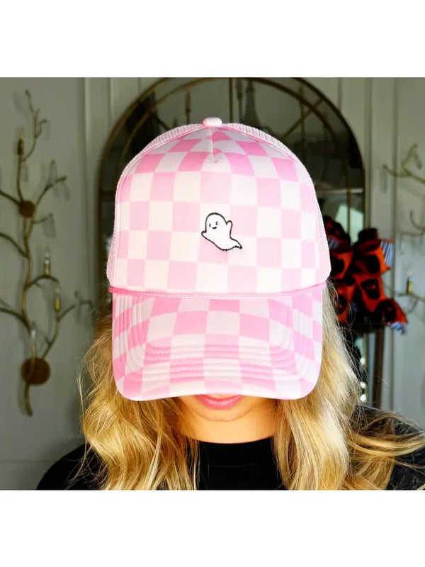 Pink Checkered Ghost Trucker Hat