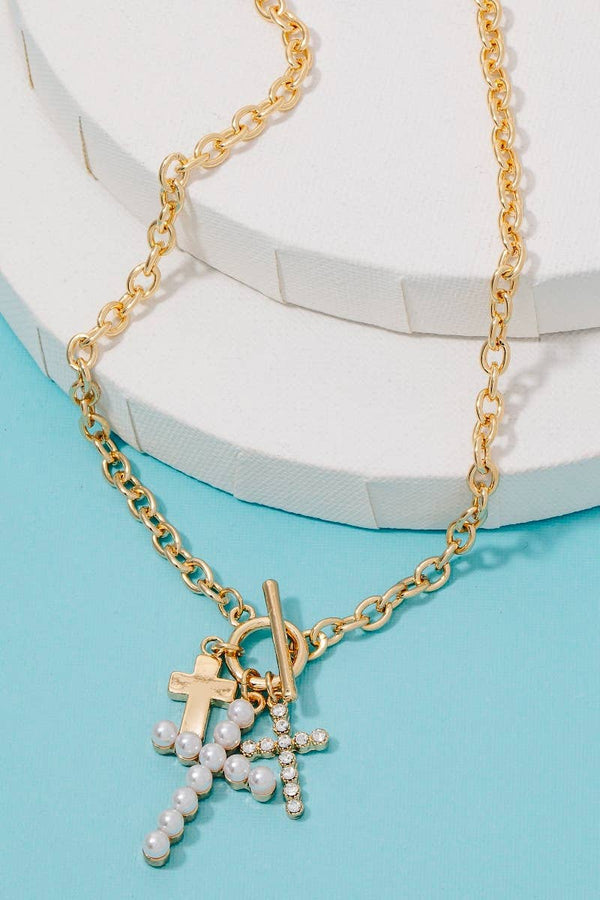 Pearl And Glass Pave Cross Charms Toggle Chain Necklace