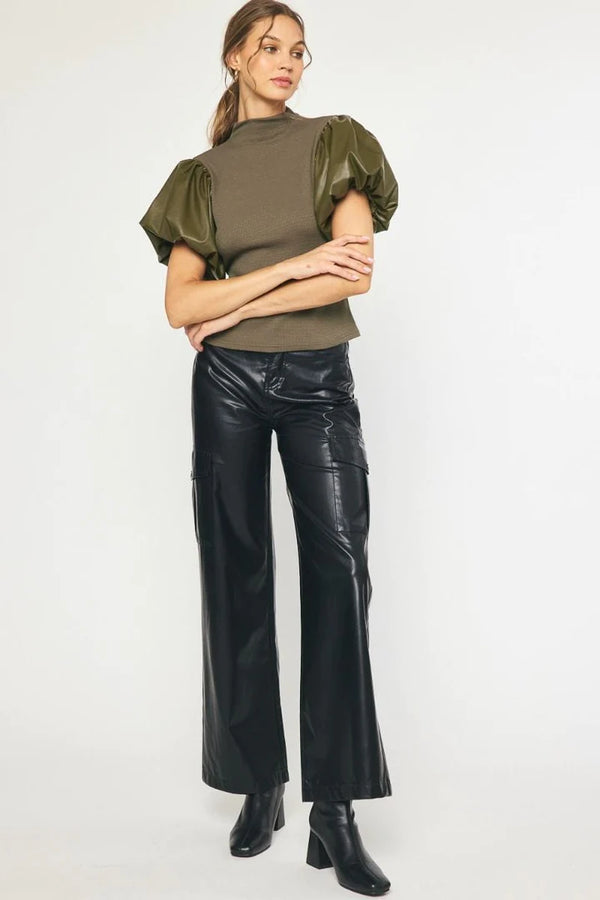Going That Way Olive Faux Leather Puff Sleeve Top