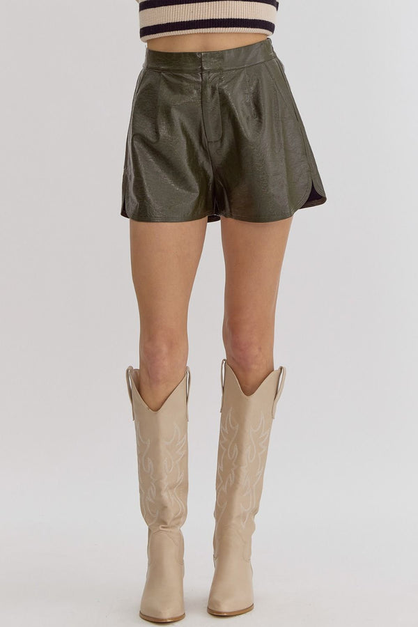 Leather Metalic Olive Shorts