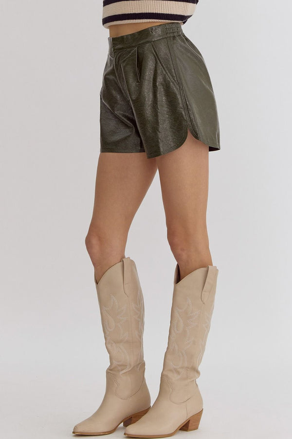 Leather Metalic Olive Shorts