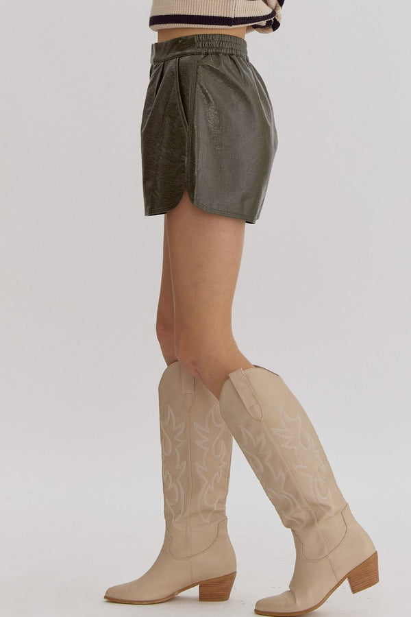 Leather Metalic Olive Shorts