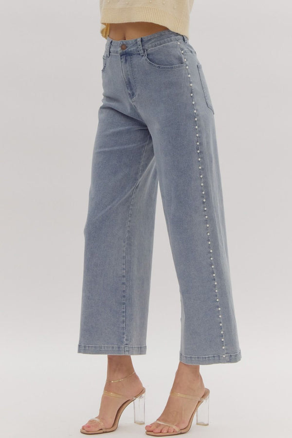 Pearl Detail Jeans - Light Denim