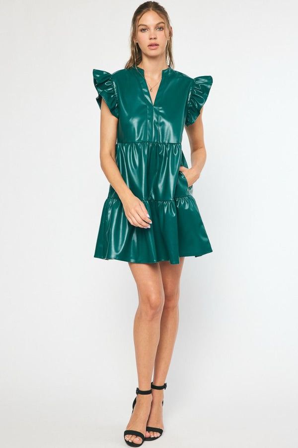 Holiday Party Faux Leather Dress - Green