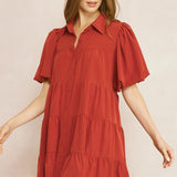 Thought About It Puff Sleeve Ruffle Dress - Rust