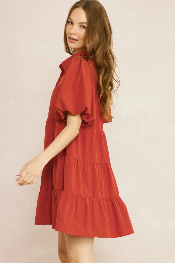 Thought About It Puff Sleeve Ruffle Dress - Rust
