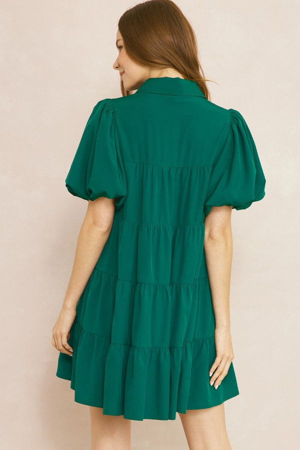 Thought About It Puff Sleeve Ruffle Dress - Hunter Green
