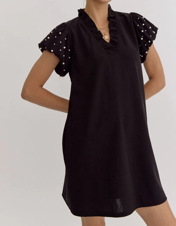 Pearl Sleeve Black Dress