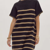 Coffee Shop Stroll Tan Black Sweater Dress