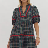Plaid Scallop Detail Dress - Green