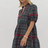 Plaid Scallop Detail Dress - Green