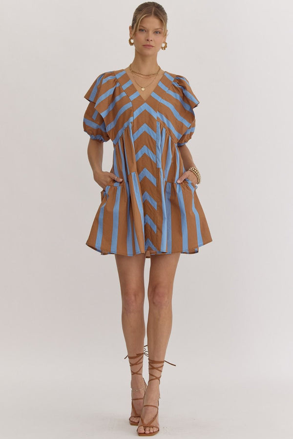 Caught In The Moment Stripe Dress- Brown and Blue