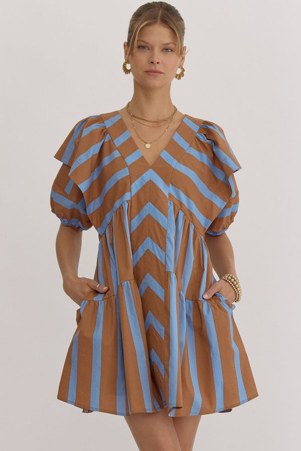 Caught In The Moment Stripe Dress- Brown and Blue