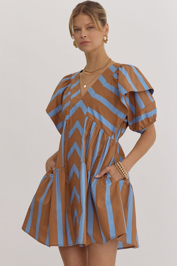 Caught In The Moment Stripe Dress- Brown and Blue