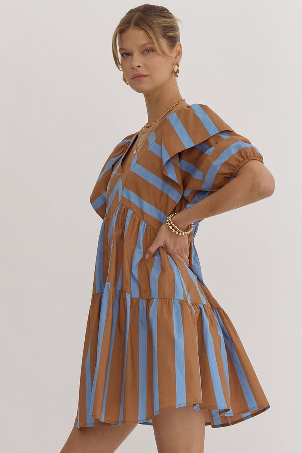 Caught In The Moment Stripe Dress- Brown and Blue