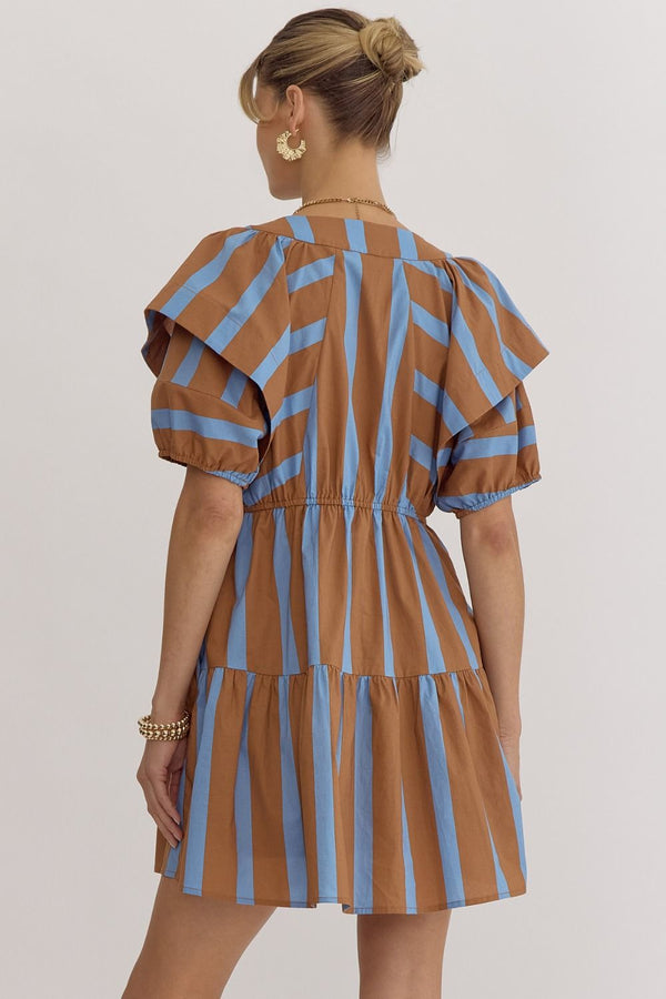 Caught In The Moment Stripe Dress- Brown and Blue