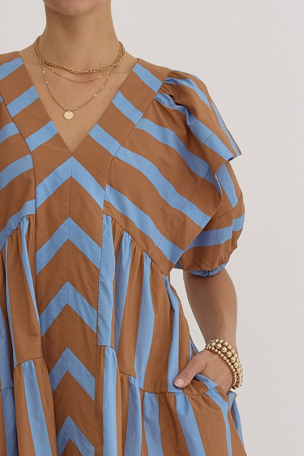 Caught In The Moment Stripe Dress- Brown and Blue