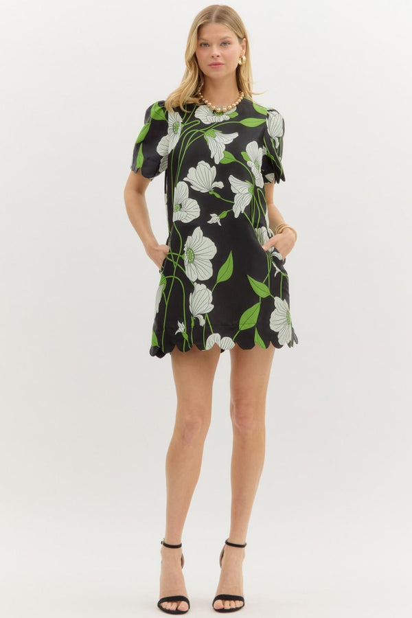 Black Floral Jacquard Scallop Hem Dress