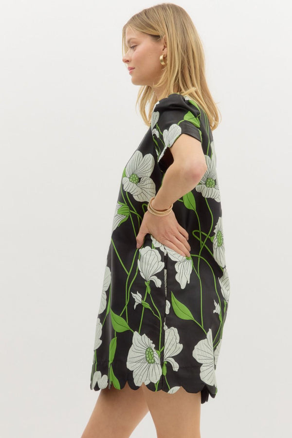 Black Floral Jacquard Scallop Hem Dress