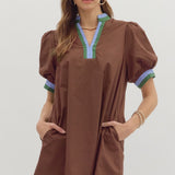 Chic Contrast Collar Dress | Brown Blue Green