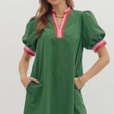 Chic Contrast Collar Dress | Green Rust Pink
