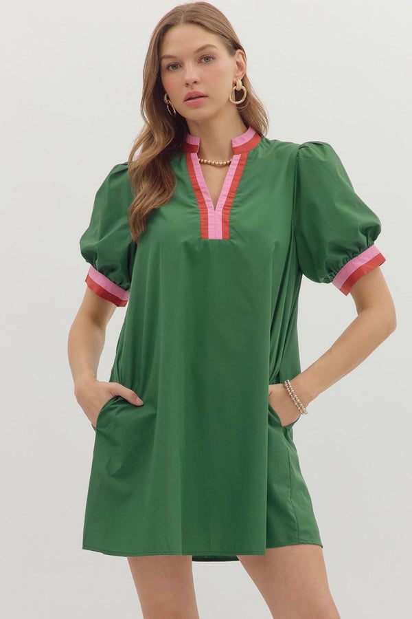 Chic Contrast Collar Dress | Green Rust Pink