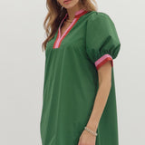 Chic Contrast Collar Dress | Green Rust Pink