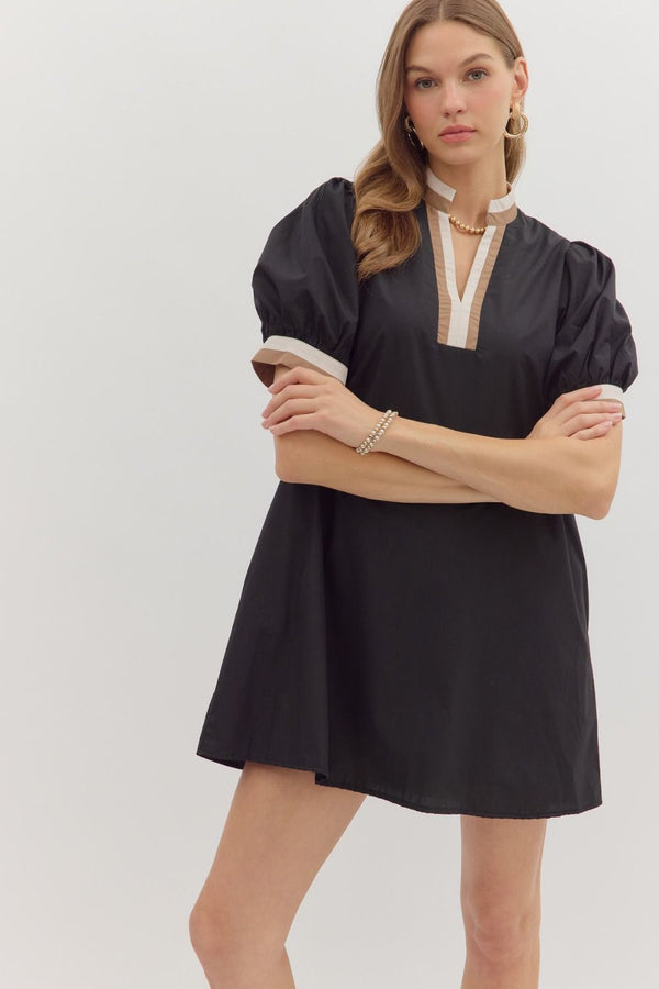 Chic Contrast Collar Dress | Black and Tan