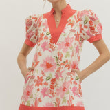 Coral Bloom Puff Sleeve Dress