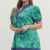 Green Blue Bloom Puff Sleeve Dress